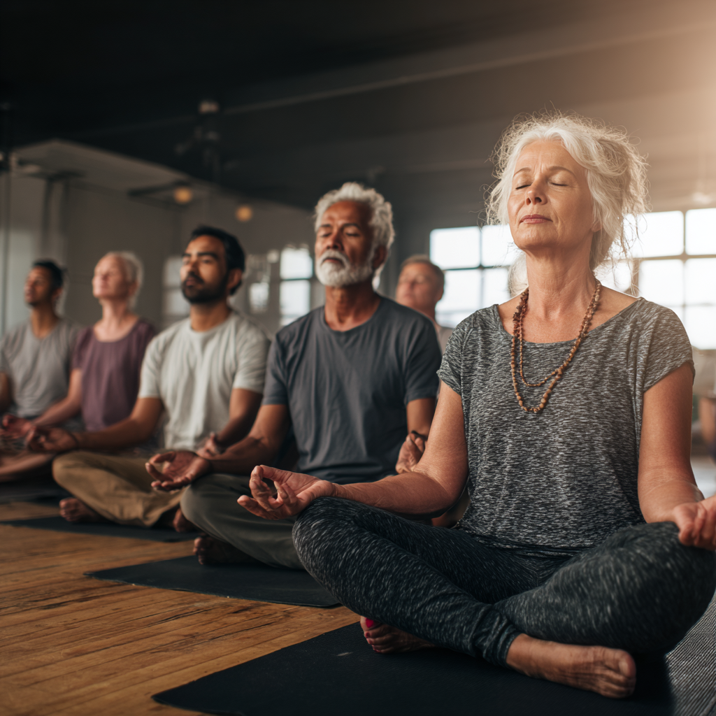 Diverse group of middle-aged adults sharing peaceful yoga experience together