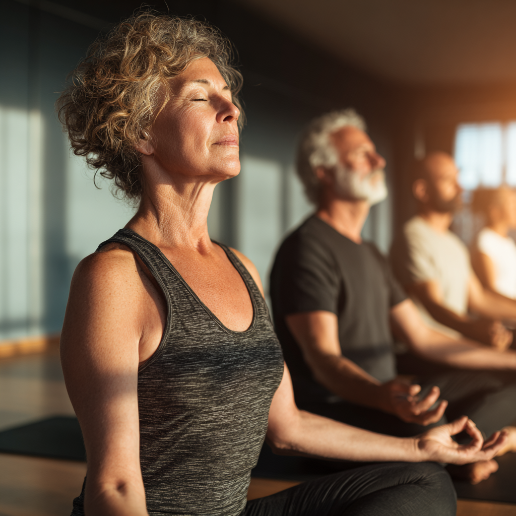 Middle-aged adults practicing mindful yoga movements in natural light